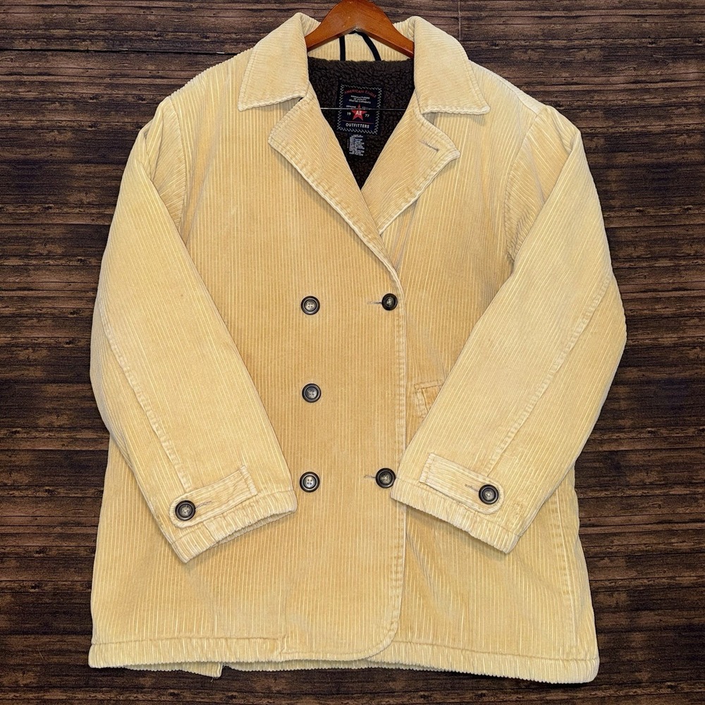 American Eagle Corduroy Pea Coat Mens M Tan Sherpa Lined Double Breasted Jacket